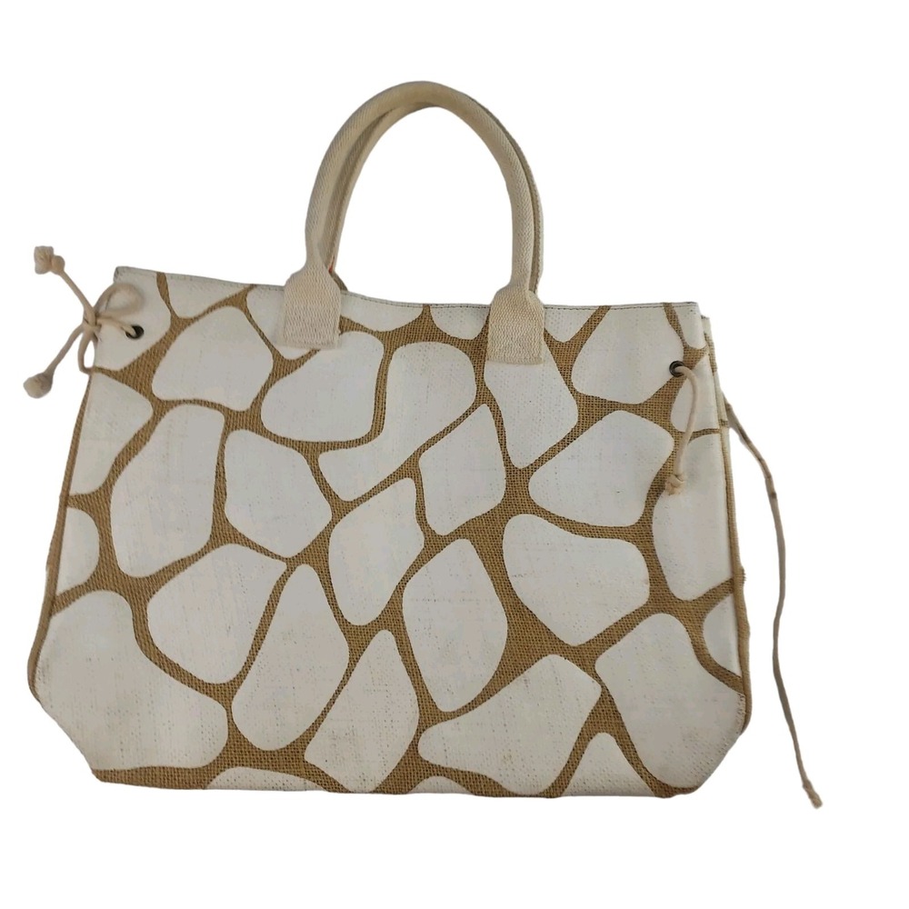 Nordstrom Womens Large Cream Giraffe Print Jute Canvas Tote Bag